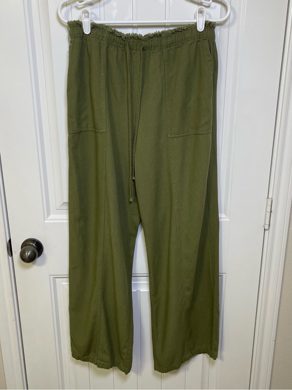 Haute Monde Olive Green Large Linen-Blend Wide-Leg Pants Drawstring Waist